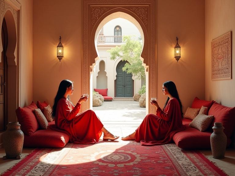 Tranquil Moroccan room features two women in crimson robes. They relax on red cushions. Room illuminated in soft afternoon light. Walls are beige; floors are stone. Intricate lantern shadows create patterns. One woman drinks tea; the other gazes outside. The courtyard garden adds to the serene mood. Decorative elements are rich and authentic.