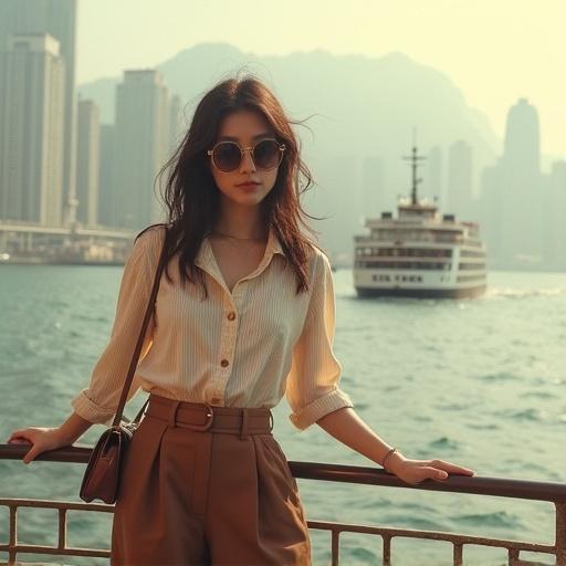 Portrait of young woman by ferry boat railing in Hong Kong harbor set in 1980s. She wears cream-striped blouse and high-waisted brown trousers. Oversized retro sunglasses and leather shoulder bag complement her look. Background shows hazy skyline with traditional junks. Scene has soft sunlight creating warm sepia tone evoking nostalgia.