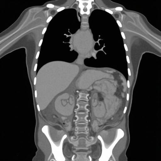Image depicting a CT scan of the abdomen. Detailed view of internal structures. Cross-sectional perspective of the human body.