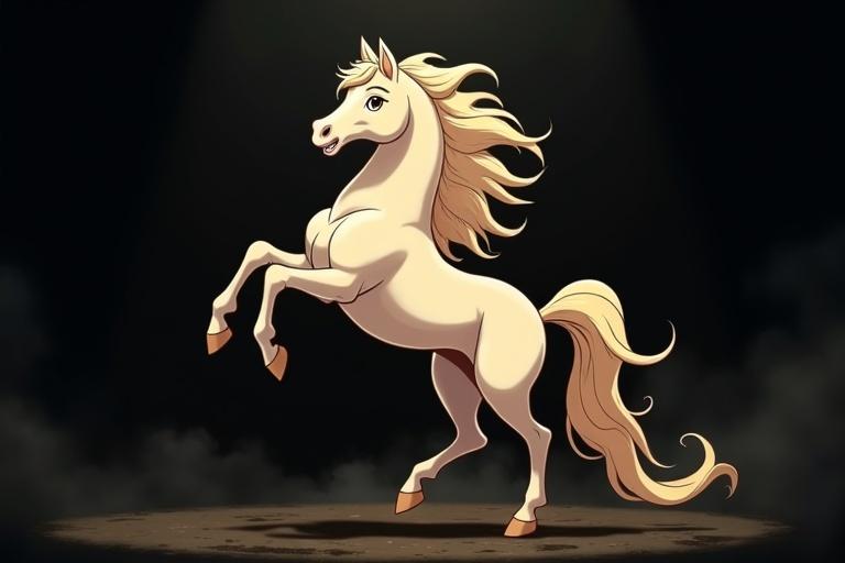 Anime style illustration of a cream horse rearing up against a dark background. The horse has flowing mane and tail.