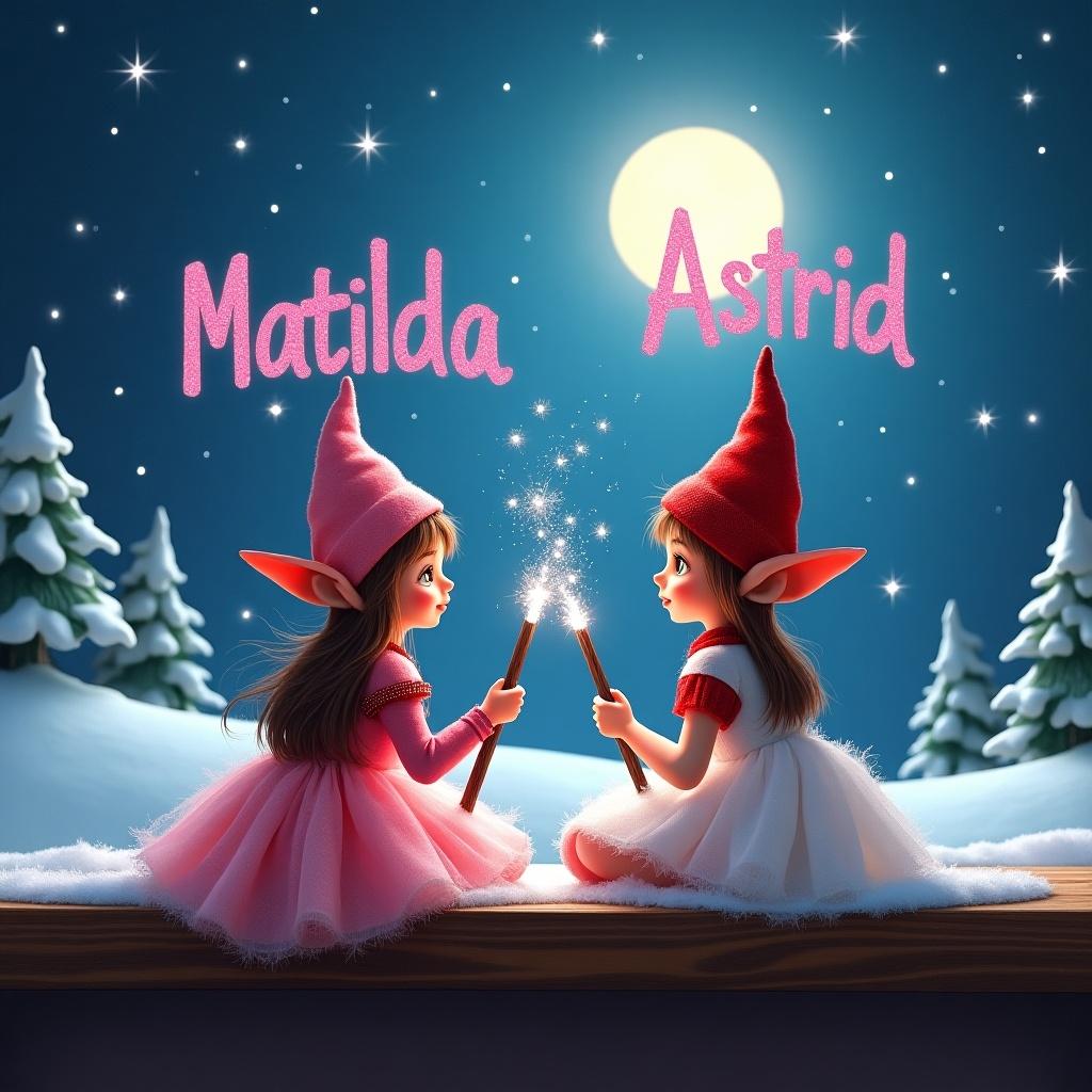 Two elves on a shelf are writing names in pink glitter with magical wands. One elf wears a pink poofy dress while the other wears a white and red poofy dress. They sit against a snowy landscape under a bright moon with stars. The names 'Matilda' and 'Astrid' glow in the sky.