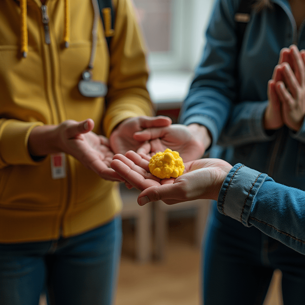 Three people gather around holding a small, bright yellow, textured object in their hands.