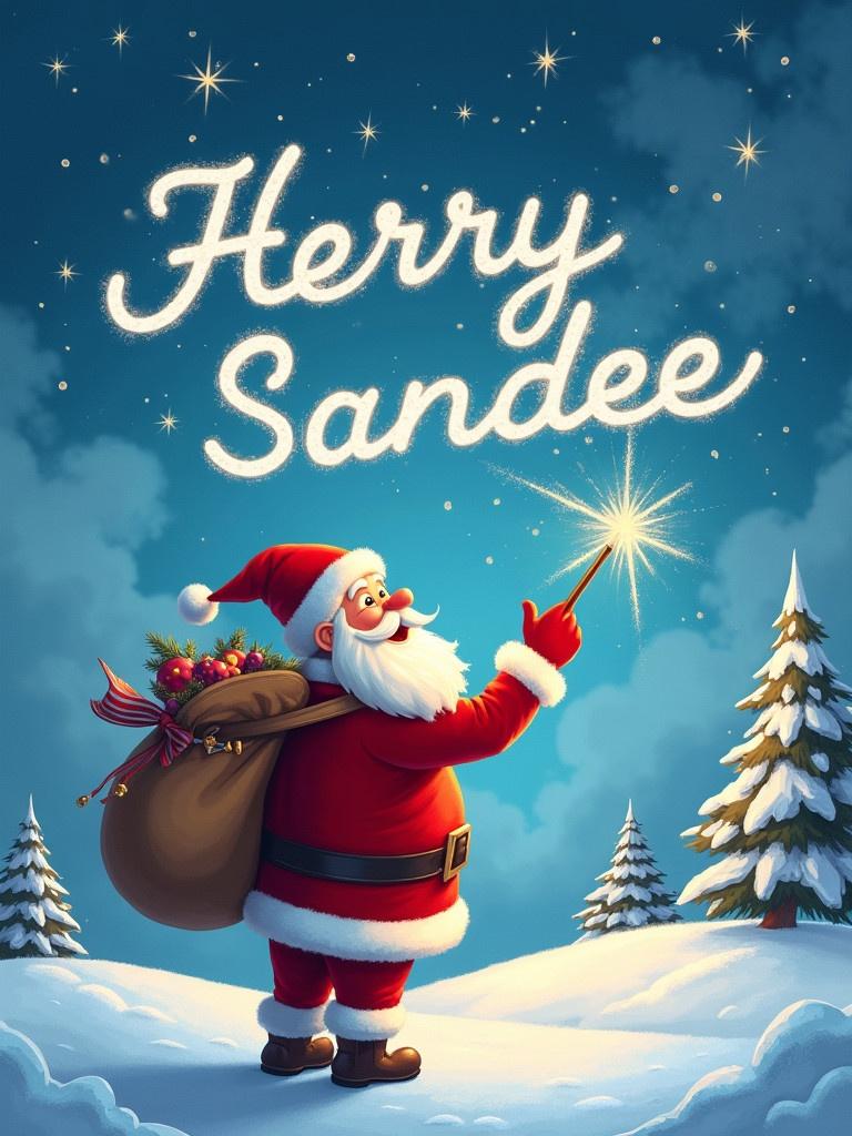 Santa Claus in a snowy winter landscape. He is writing a greeting in the sky using a magical wand. The message says Sandee.