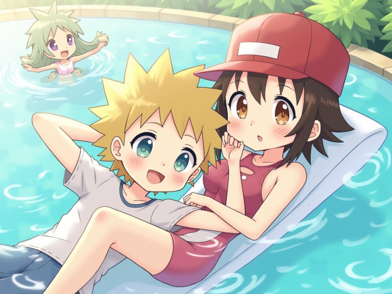 A realistic depiction of two characters lounging together in a pool. They are relaxed, enjoying the warm sunlight filtering through the water. One character has short brown hair and is wearing a red cap, while the other has blond spiky hair, both showing expressions of contentment. In the background, a character is playfully holding a Pokémon, adding a playful atmosphere to the scene. The water has shimmering reflections, enhancing the tranquil setting.