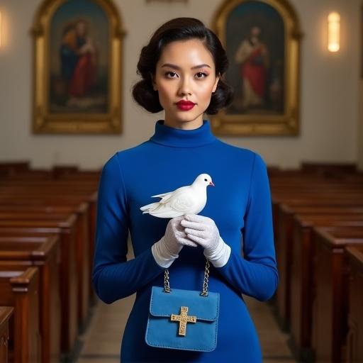 A woman in a long-sleeved blue dress stands in a church. She holds a blue handbag with a cross in one hand and a white dove in the other. Her hair is styled and makeup is elegant with red lipstick. The background features wooden benches and religious paintings.