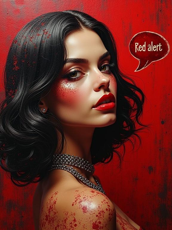 A close-up portrait of a woman with dramatic makeup, surrounded by textured red background. She has a luxurious look and a speech bubble saying 'Red alert'.