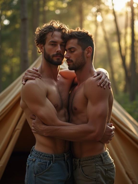 Two handsome men embrace in a sunlit forest. Both are shirtless with toned muscles beside a tent. The scene is warm and inviting.