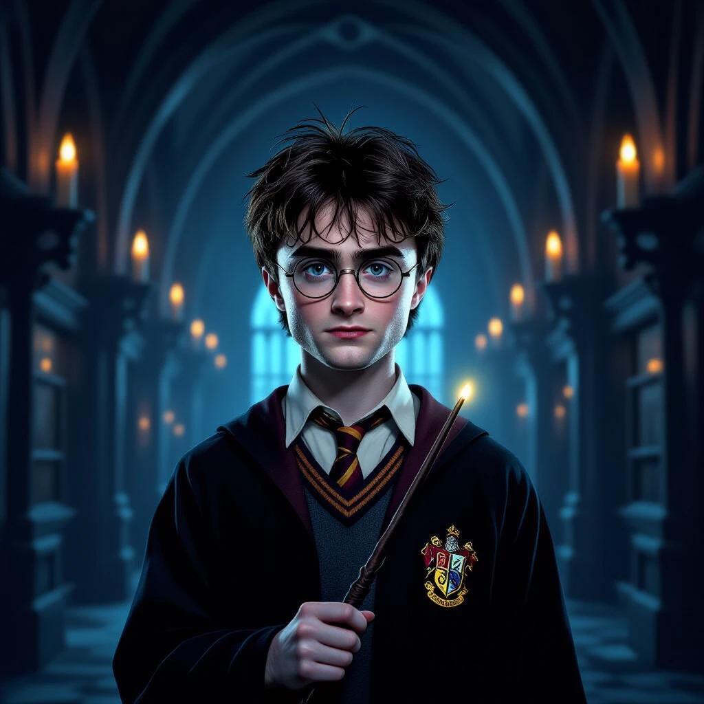 Harry Potter character portrait in a dimly lit Hogwarts corridor. Extremely skinny with messy black hair and round glasses. Lightning-shaped scar on forehead. Wearing loose Hogwarts uniform. Holding wand with faint glow in a mystical setting.