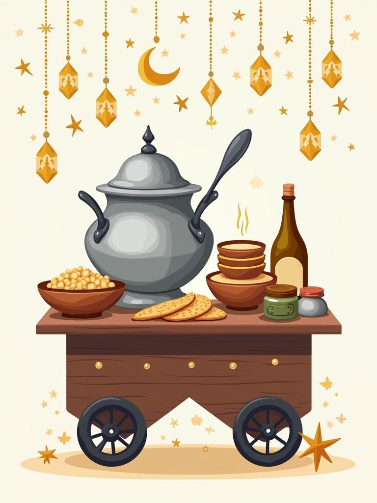 Illustration shows traditional cart decorated with Ramadan ornaments. The cart has a large silver fava bean jar, a spoon, stacked bowls, a tahini bottle, olive oil, cumin, and spread breads.