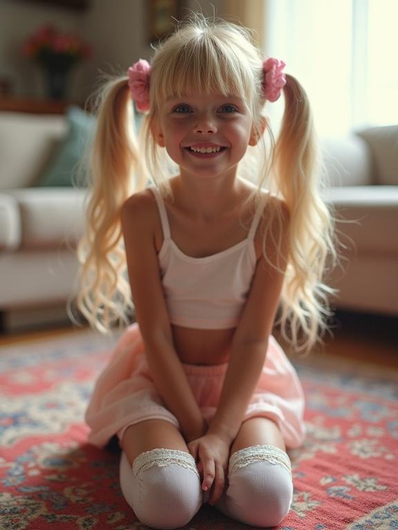 Young girl with long blonde hair and pink bows kneels on a colorful rug in a softly lit living room. Wearing a crop top, skirt, thigh-high socks, and black shoes. Features a flirty smile and beautiful face.