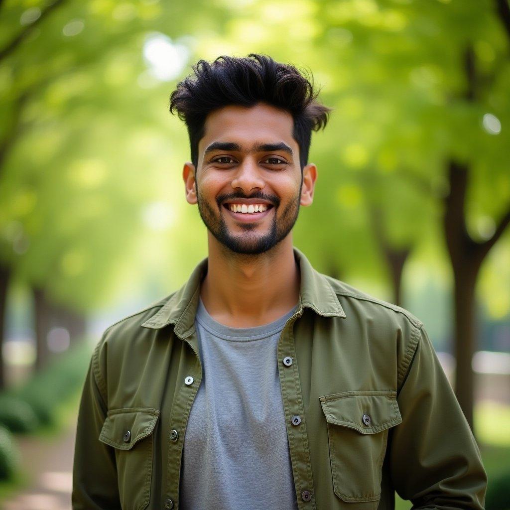 This image showcases a young man outdoors, exuding warmth and positivity. He is smiling and dressed in a grey t-shirt paired with an olive green jacket, embodying a casual style. The backdrop consists of lush, green trees, enhancing the vibrant atmosphere. The lighting is soft and natural, highlighting his youthful features. This portrait is ideal for illustrating happiness and a carefree lifestyle, making it suitable for various lifestyle content.