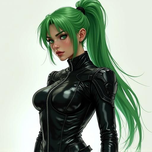 A female assassin in a black leather battle suit. Green hair is tied in a ponytail. The character poses in an A-shape, full body shown.