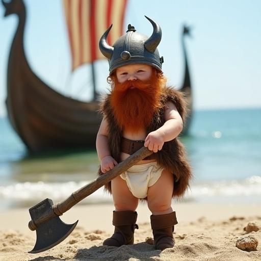 A chubby fair-skinned baby dressed as a Viking warrior stands on a sandy beach. The baby wears a horned Viking helmet and a shaggy fur vest. A white diaper and brown leather boots are worn. The baby grips a large battle-axe. A traditional Viking longship is in the background. The ocean is calm and natural daylight shines on the scene.
