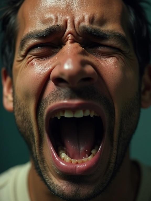 Close-up portrait focused on a man’s face. Mouth wide open, screaming about love for food. Facial tears and sweat visible. Background noise suggests clanging metal.