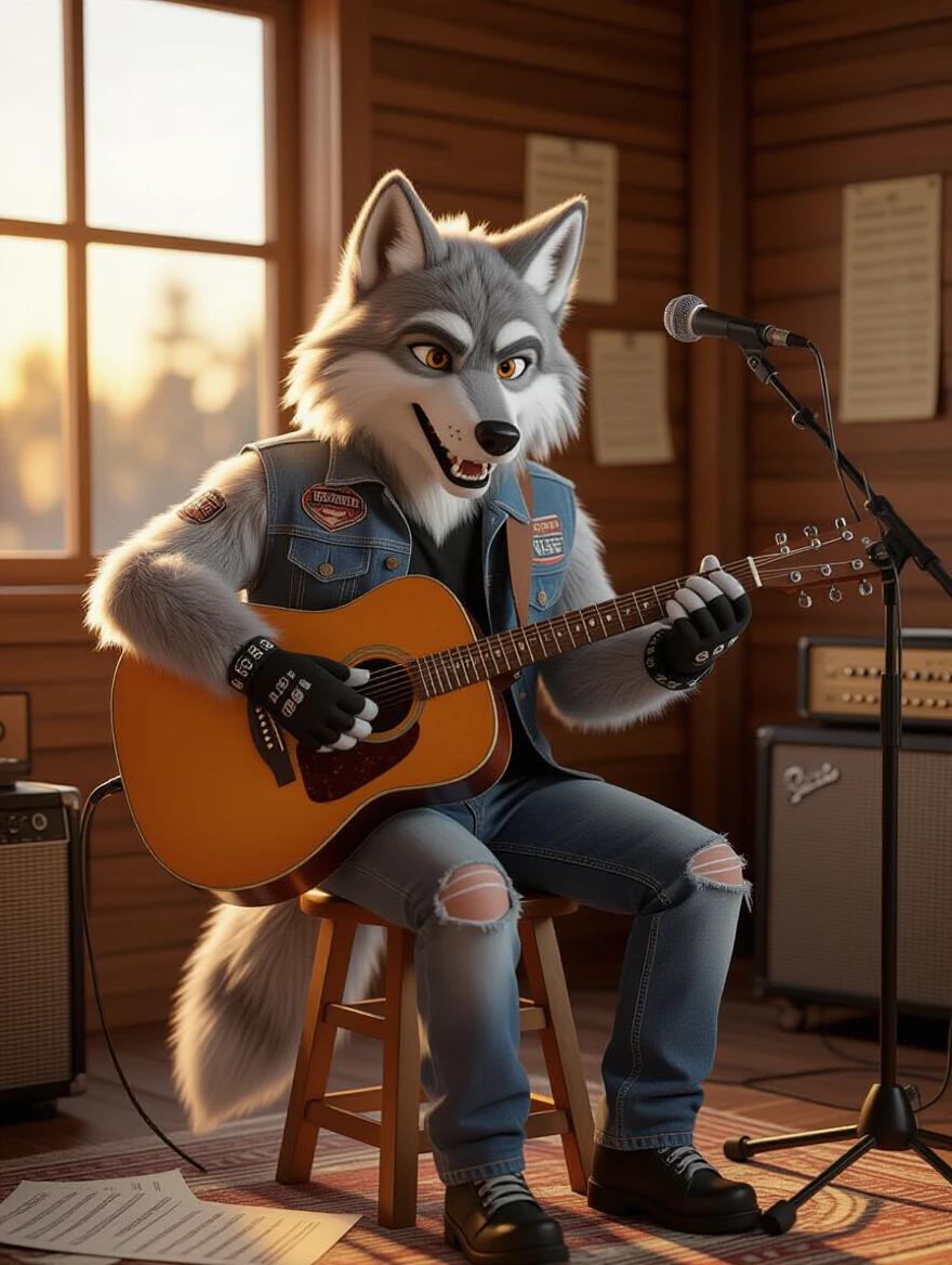 Detailed anthropomorphic wolf furry with soft realistic fur sits on a wooden stool. Passionately playing acoustic guitar. Wears casual rock musician outfit with sleeveless denim jacket with patches and black fingerless gloves. Ripped jeans worn. Warm golden sunset light filters through window. Soft highlights on fur and guitar. Cozy music studio background with scattered sheet music and microphone stand. Ultra-realistic fur texture and depth of field. High detail and vibrant colors.