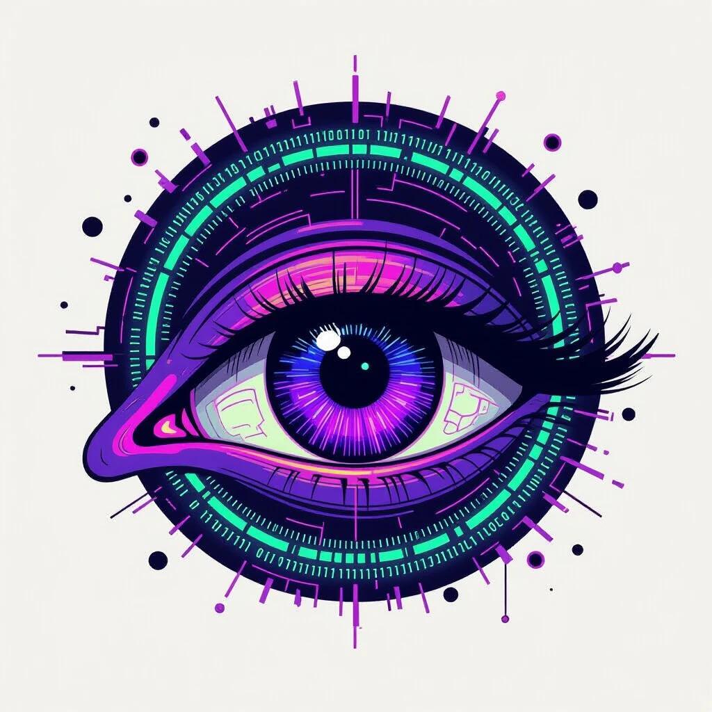 Illustration of a cyberpunk eye in retro style. The eye has a purple glowing iris blended with neon digital tones. Surrounding the iris are concentric green circular patterns. Elements include binary codes and holographic effects floating around the eye. The eyelid shows metallic textures with geometric lines. Dark background with glitch effects adds a cyberpunk atmosphere.