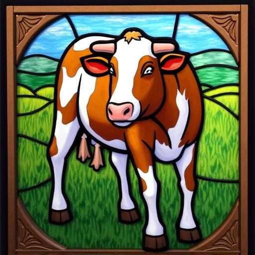 Stained glass featuring a cartoon cow in a scenic farm setting. Cow has brown and white patches. Background shows green fields and hills. Bright colors and bold outlines create an eye-catching design.