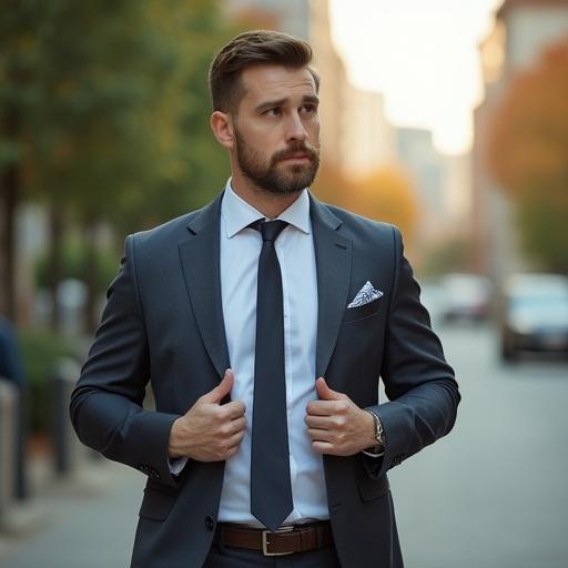 Man walks outdoors in a stylish suit. He adjusts his tie in a relaxed manner. The photograph focuses on a formal appearance. The setting is urban with a soft background. Ultra photorealistic imagery highlights details in attire.