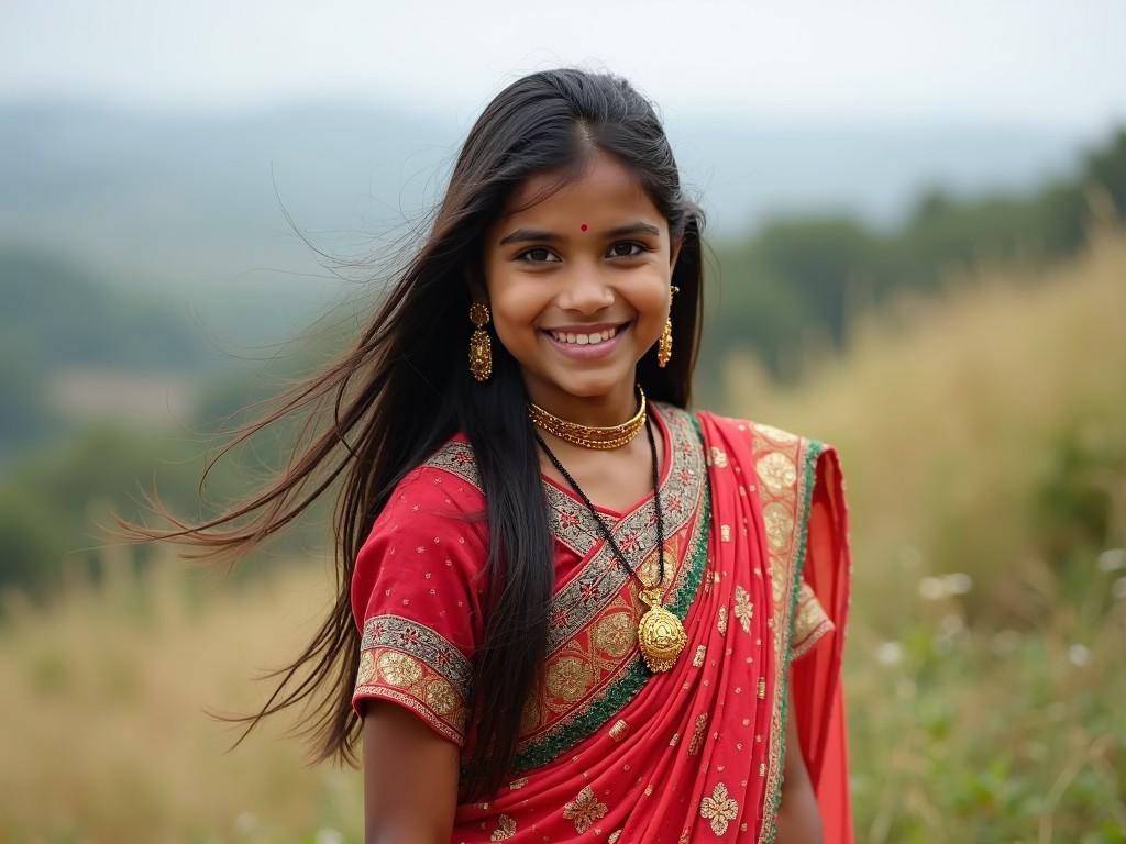 A young girl is captured in a moment of joy, wearing a traditional red sari with intricate gold embroidery. Her long hair flows freely, blending harmoniously with the soft, natural background of green fields and distant hills.