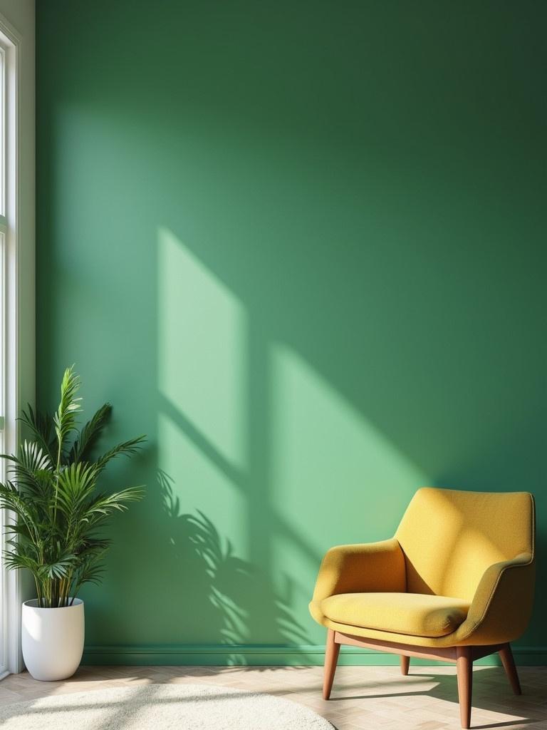 A living room features a bright green wall with a yellow chair. Natural light streams in creating shadows on the wall. A potted plant is beside the chair.