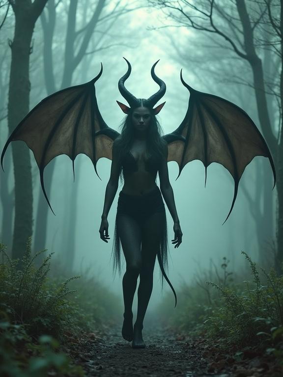 A character with horns and bat wings walks through a misty forest. Hyper realistic fantasy style. Focused on the character's features and surroundings.