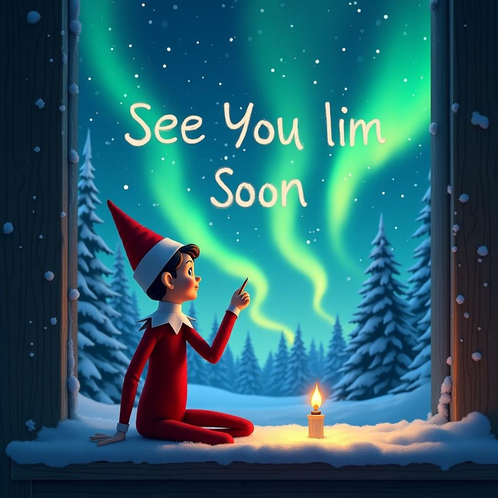 The image shows a young elf sitting by the window, wrapped in a red suit and hat, with a warm candle glowing beside him. Outside the window are beautiful northern lights illuminating the night sky. The elf is pointing upwards, where the words 'See You Soon' are formed in the sky. The scenery resembles a peaceful winter wonderland, filled with snow-covered trees. This illustration captures the magical essence of the holiday season, evoking warmth and wonder.