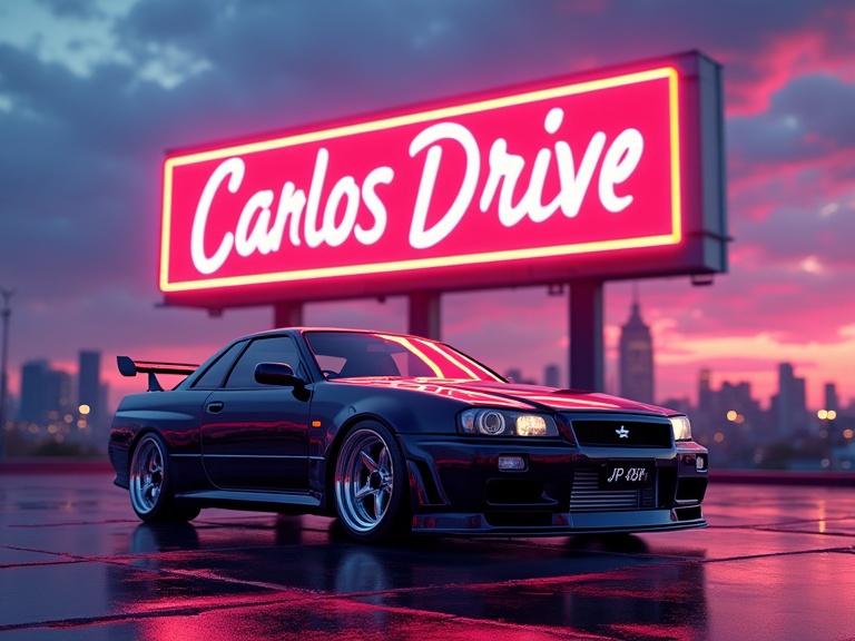 In old neon computer animation style, black Nissan Skyline R34 car with flashy chrome rims and a slick spoiler in front of a massive, neon-lit 'Carlos Drive' billboard at sunset. Sky has a gradient of pinks, purples, and blues. Cityscape in the background is blurry.