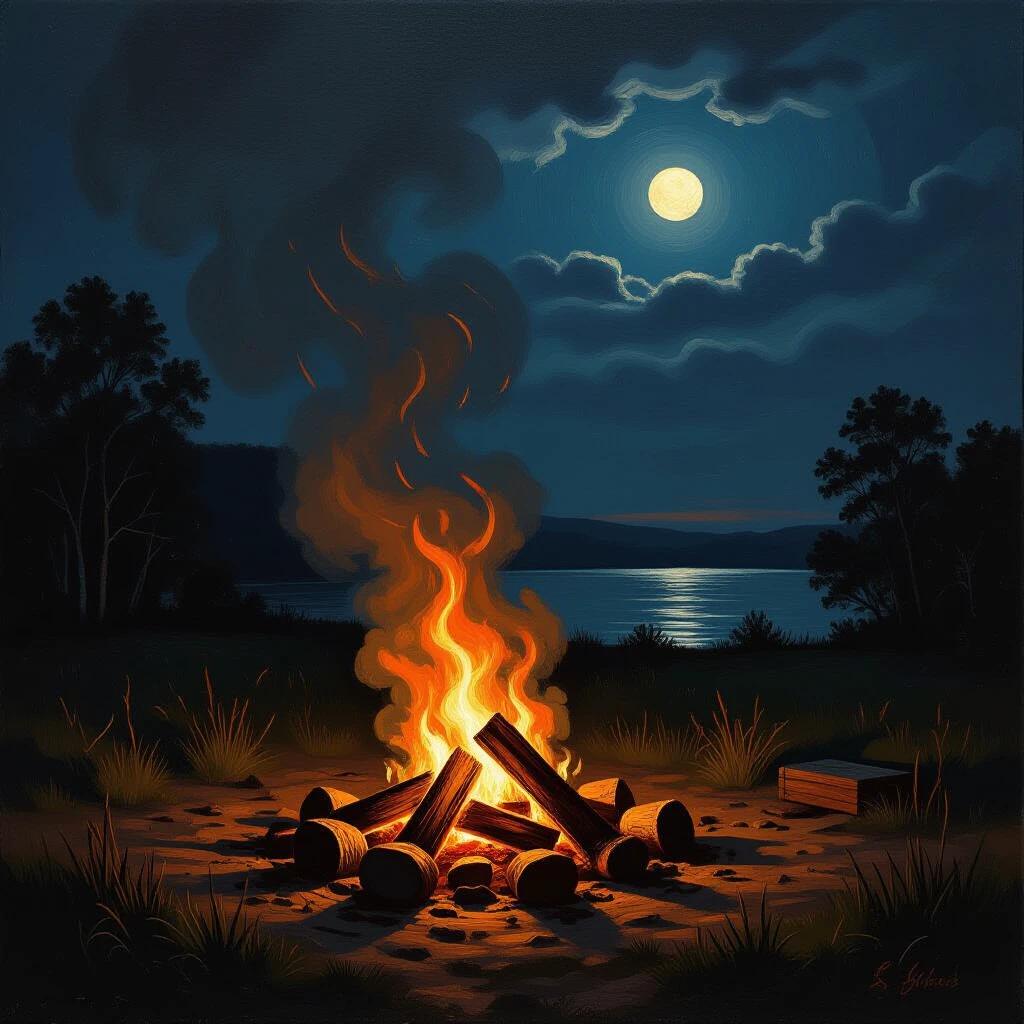 An old oil painting depicting a bonfire at night. A bright flame rises from logs, emitting warm light. Moonlight illuminates the scene, reflecting on a nearby lake. Dark clouds frame the moon overhead. Surrounding grass and trees provide a natural setting.