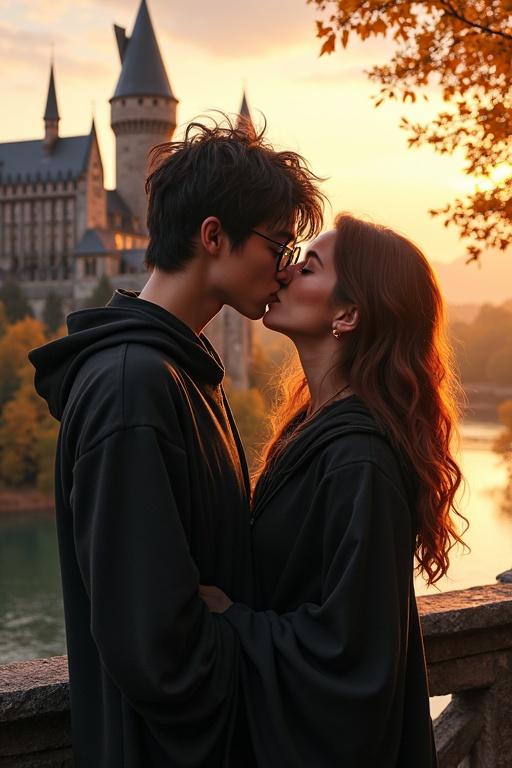 A young wizard with messy black hair and round glasses kisses a witch with chestnut-brown hair. They stand on a stone bridge overlooking Hogwarts Castle at sunset. Autumn leaves swirl around them. Cosy robes billow in the breeze. The castle reflects in the lake, framed by trees and mountains. Warm lighting emphasizes their embrace.