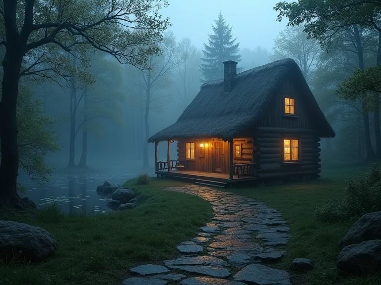 Landscape of a cabin scene from the front porch perspective. Looking out over a misty forest with water. Cottage in fog with thatched roof. Cabin has glowing windows. Surrounded by trees and a winding path. Magical and eerie atmosphere.