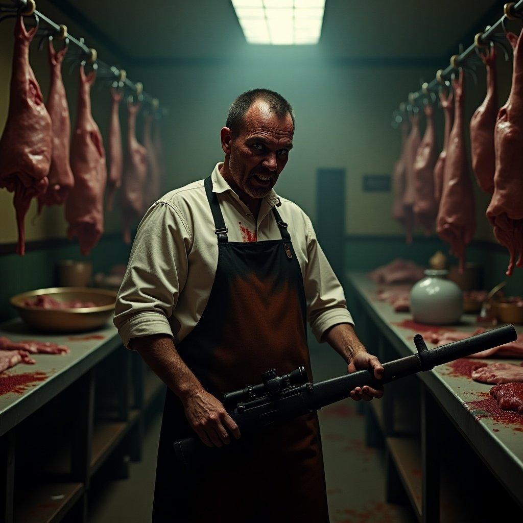 A butcher stands in a dimly lit meat processing area. He holds a gun and is covered in blood. The setting has hanging meat and a sinister atmosphere.