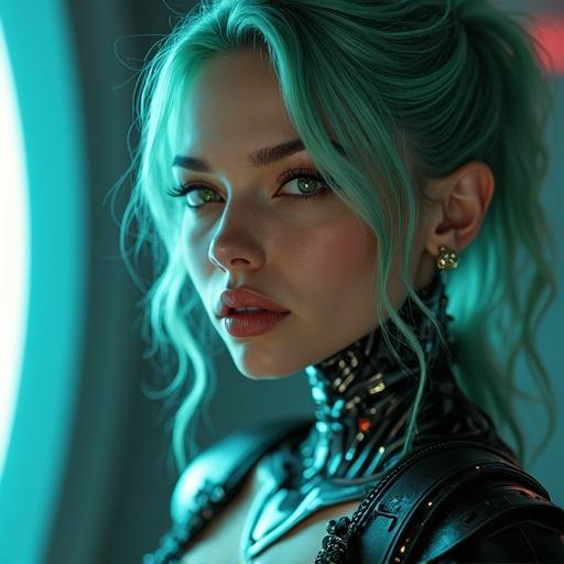 Portrait of a cyborg woman in a cyberpunk game style. Features futuristic yet simple clothing. Her expression conveys innocence and seduction. Skin has a natural blush. Soft lighting with a blurred background. Hair is celeste.