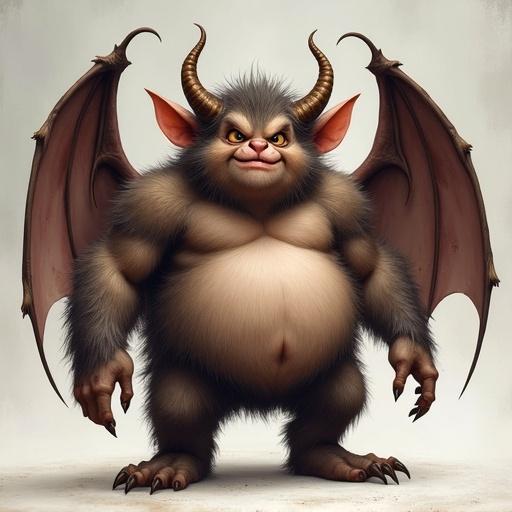 A petite hairy chubby but muscular humanoid male with bat wings claws and horns