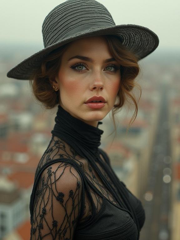 Portrait of a woman wearing a stylish hat and elegant outfit. She has striking features and is looking towards the camera. The background shows a cityscape. The image invokes the fashion of the 1920s.