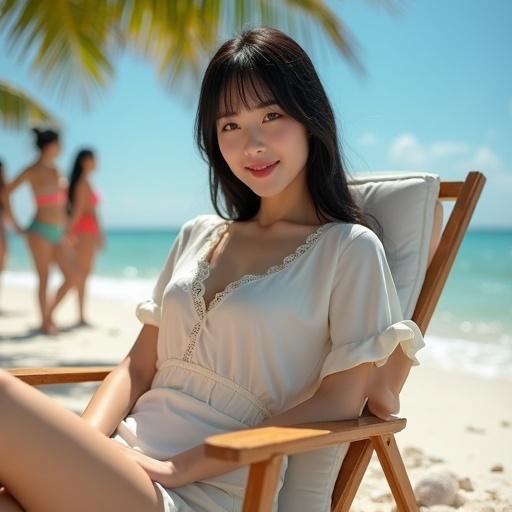 Portrait of a young Asian woman with porcelain fair skin and warm brown eyes. She sits on a wooden beach chair by turquoise waves. Light blouse and high-waisted shorts accentuate her silhouette. Palm trees in the background create a tropical atmosphere. Several women in colorful swimsuits are enjoying the beach nearby. The scene conveys summer relaxation and youthful charm.
