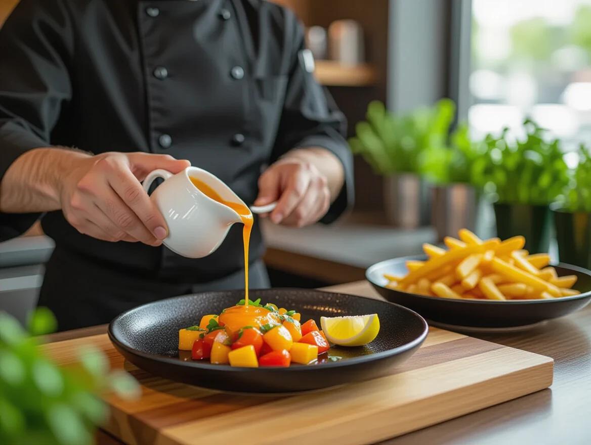 A close-up of a chef in a black coat pouring orange sauce from a ceramic pitcher onto a plate. The plate has diced tomatoes garnished with herbs and a lemon wedge. A wooden cutting board and plate of fries are in the background with plants and natural light coming in.