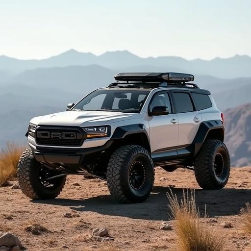 Thundercrest Nomad compact adventure crossover vehicle in a rugged landscape. This plug-in hybrid offers powerful specs, high MPG, and features like a built-in Go Bag and a camping drone.