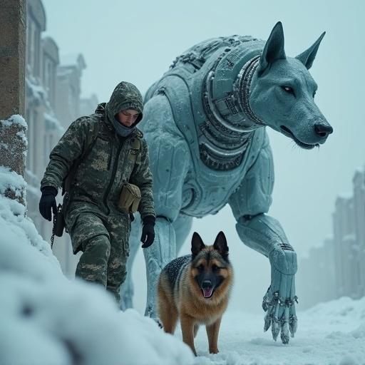 Close-up of a soldier in camouflage near icy rubble. Breath visible in freezing air. German Shepherd stands alert. Behind them, a large biomechanical Cerberus with glowing wires. Snowy environment with dramatic lighting. Elements of sci-fi and surrealism.