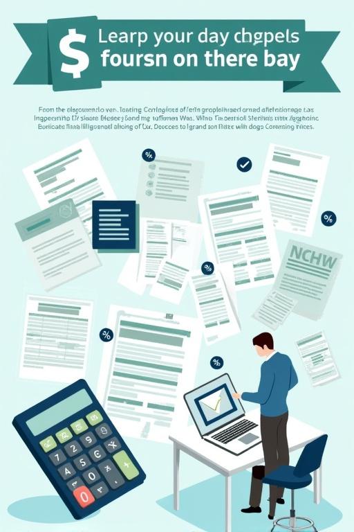 Infographic presenting top tax deductions for freelancers. Title in bold sans-serif at the top. Realistic style with soft blue and green gradients. Detailed invoices and a calculator included. Focused freelancer at a desk with percentage icons and upward arrows visible. Vertical format with bullet-style list of deductions on the right.