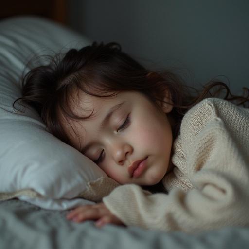 A sleeping girl lies peacefully on a bed. Her expression is serene. Soft light fills the space, creating a calm atmosphere. The girl's hair is softly tousled. She wears a cozy sweater. The bedding is inviting and warm.