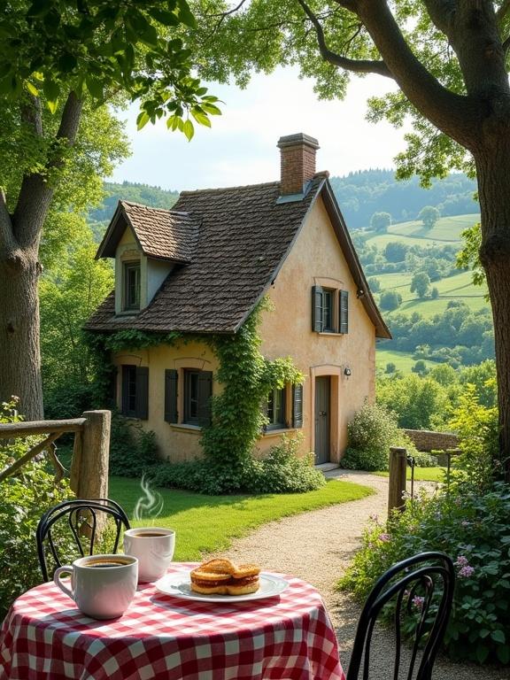 Charming rustic cottage nestled in lush green countryside. Small light-colored stone house with pitched roof and brick chimney. Surrounded by trees and garden. Outdoor dining table with coffee and sandwiches. Beautiful nature scene.