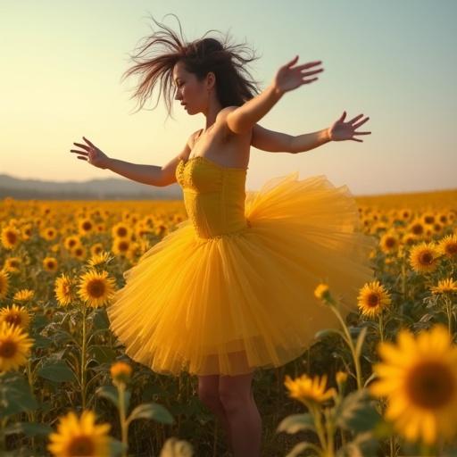 A girl with curly hair wearing a bright yellow ballet dress dancing in a sunflower field at sunset.