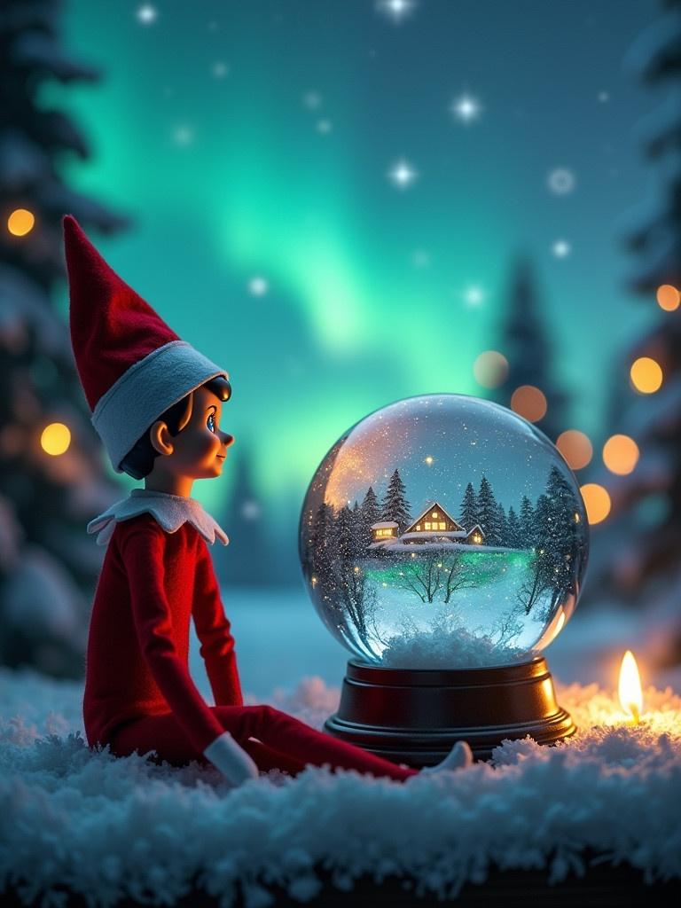 Elf on a shelf gazes into a snow globe. Snow globe depicts a snowy house. Northern lights illuminate the background. Soft candlelight enhances the winter scene. Christmas atmosphere created by surrounding trees and lights.