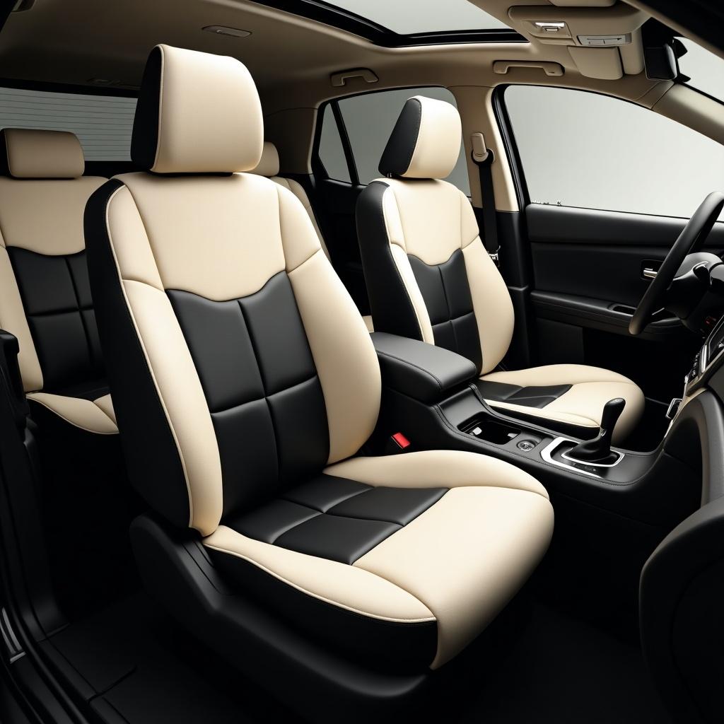 Subaru Legacy car interior featuring luxurious seats. Seats have a mix of cream and black colors. Black sections have squares while cream areas are designed with curves.