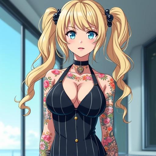 Anime character with long light blonde pigtails. Beautiful face features. Wearing a professional pinstriped office dress. Displaying tattoos in modern and luxurious interior. Character has piercings and defined muscles. Ambience reflects a summer day.