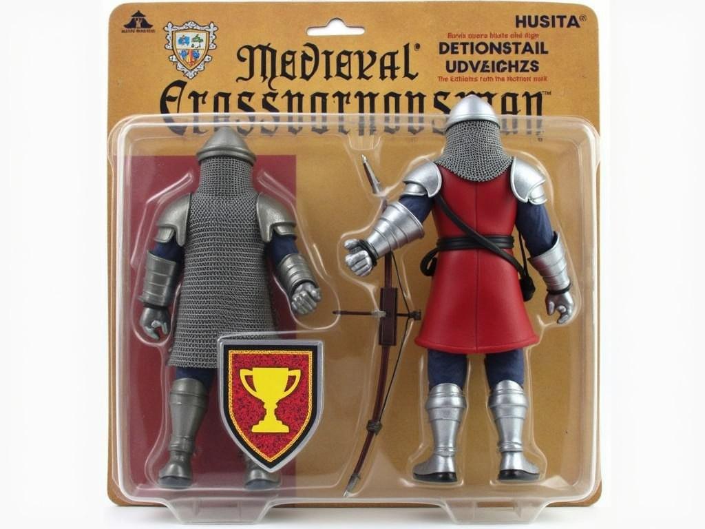 The image shows a packaged action figure of a medieval crossbowman. The figure is dressed in a chainmail coif and a red tunic, with metallic arm and leg armor. It holds a crossbow and stands in front of a shield featuring a yellow goblet symbol on a red background. The packaging is designed with a vintage style, featuring text that reads 'Medieval Crossbowman Action Figure HUSITA.' The figure appears to be highly detailed, reflecting historical design elements.