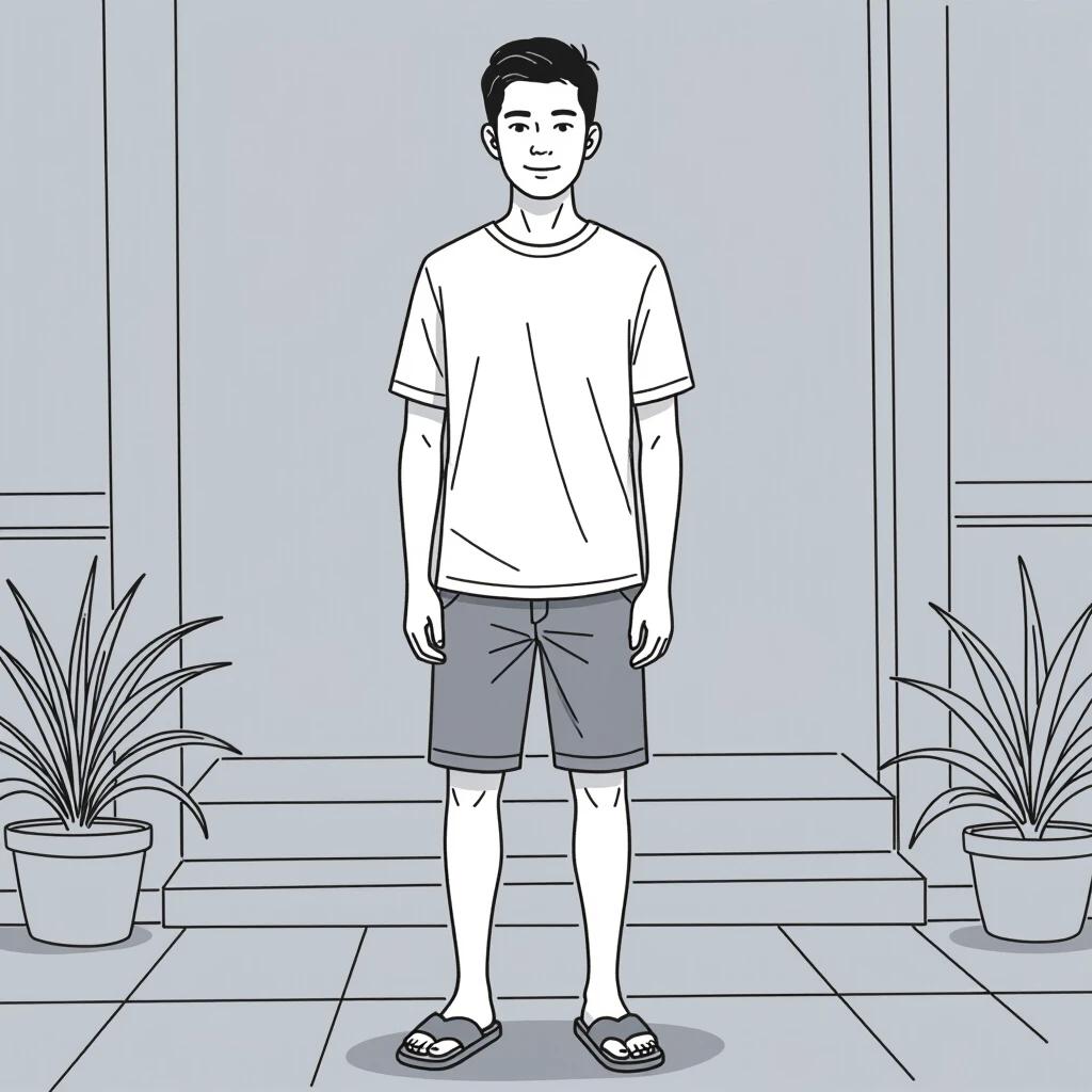 A wide shot of a young Filipino man standing in a neutral pose facing the camera wearing casual clothes and slippers. The image is a line drawing style.