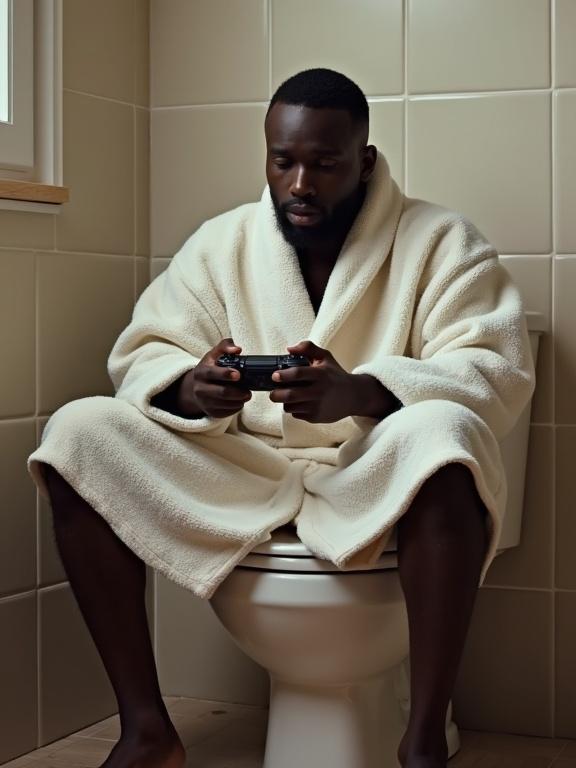 Black man sitting on a toilet. Wearing white bathrobe while playing PlayStation games. Indoor setting with tiles and natural light.