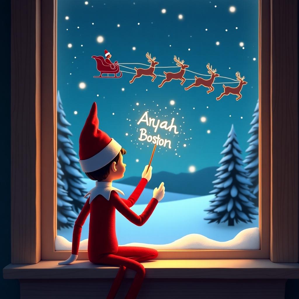 An enchanting scene featuring an Elf on the Shelf sitting by a window, facing away from the viewer. The elf is joyfully using a wand to create sparkles in the night sky, where the names Aryah, Boston, and Levii are being written. In the background, Santa’s silhouette can be seen in a sleigh, flying with his reindeer across a snowy landscape. The warm glow from the window adds a magical touch to the winter night. Pine trees and a starry sky complete the festive atmosphere.