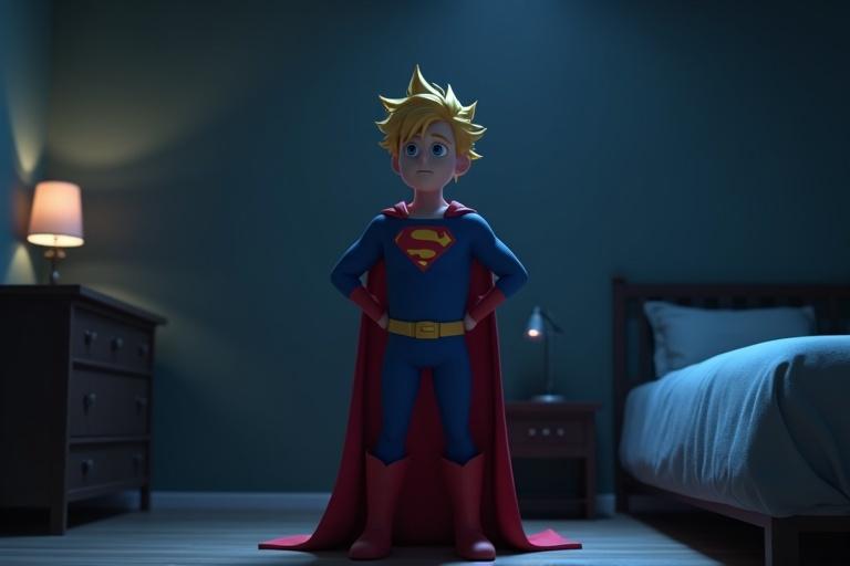 A 3D animated scene showcasing a superhero character named Sparky. He stands confidently in a dimly lit bedroom. The setting has deep blue and gray colors to convey emotion. Sparky wears a blue suit and a red cape. The bedroom is furnished with a nightstand and a bed, enhancing the mood.